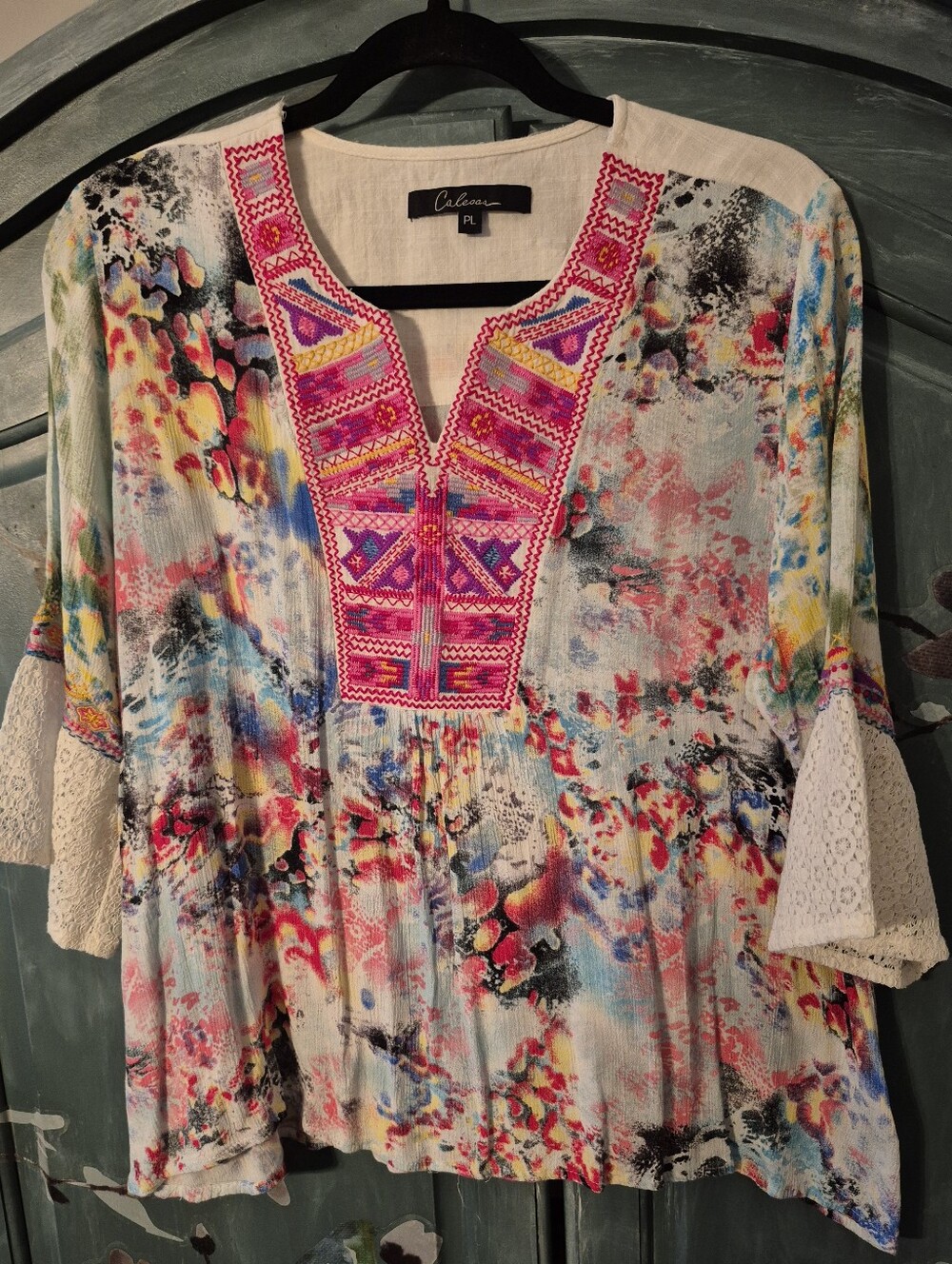 Caleooa Multicolor Floral Tunic with Fuchsia Embroidered Yoke